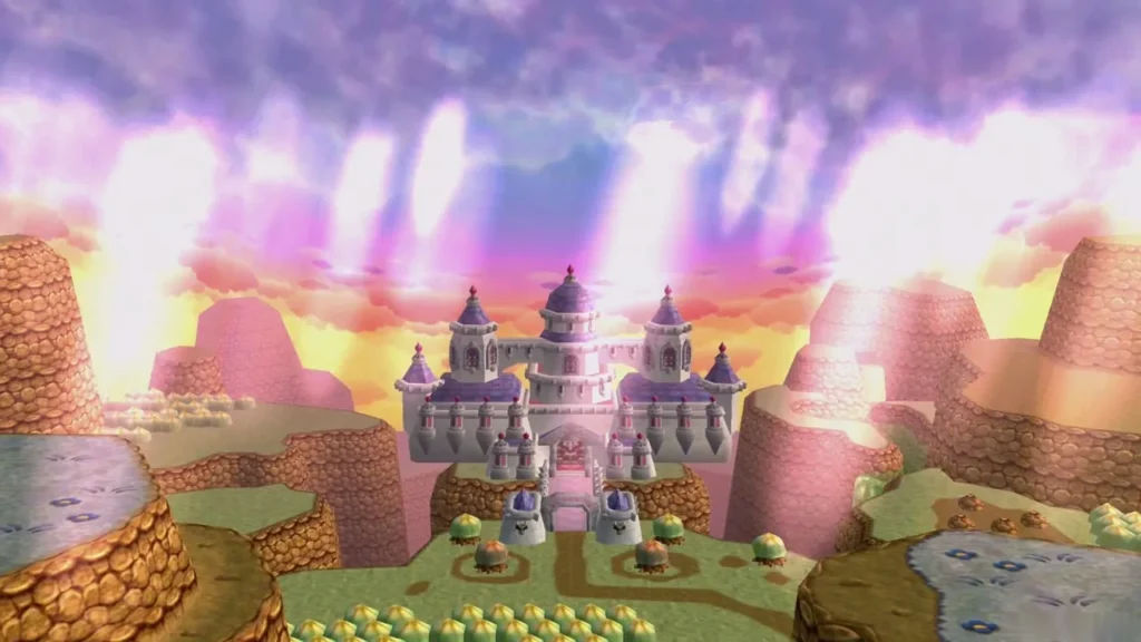 The restored Lorule castle under a bright sky with light beams over the land The restored Lorule castle under a bright sky with light beams over the land