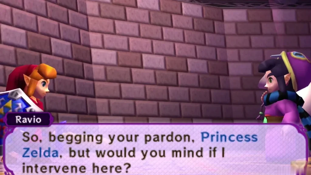 Ravio's dialogue box asks Princess Zelda whether he may intervene Ravio's dialogue box asks Princess Zelda whether he may intervene