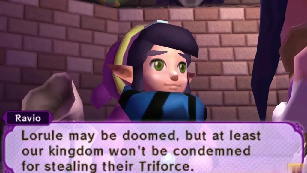 Ravio in the castle hall pleading with Hilda, his line about Lorule being doomed on screen Ravio in the castle hall pleading with Hilda, his line about Lorule being doomed on screen