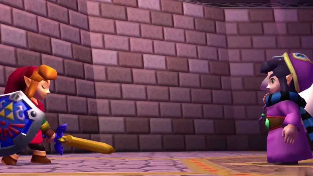 Ravio in his purple robes stands beside Link, watching the confrontation Ravio in his purple robes stands beside Link, watching the confrontation