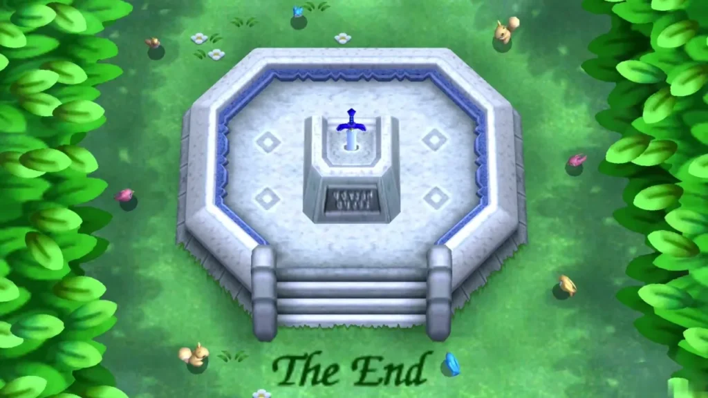 The End text over the Master Sword pedestal in the Lost Woods The End text over the Master Sword pedestal in the Lost Woods