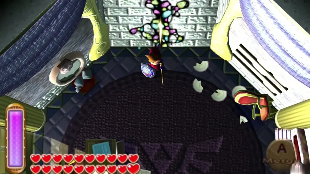 Link in the round Triforce chamber at the top of Lorule Castle with the Merge prompt showing Link in the round Triforce chamber at the top of Lorule Castle with the Merge prompt showing