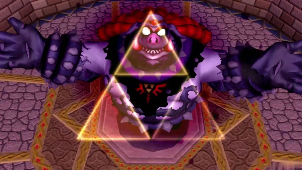 Yuga swelling into a larger beast surrounded by a glowing Triforce Yuga swelling into a larger beast surrounded by a glowing Triforce