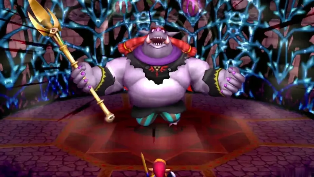 Yuga with his golden trident standing inside a ring of blue dark magic in the octagonal room Yuga with his golden trident standing inside a ring of blue dark magic in the octagonal room