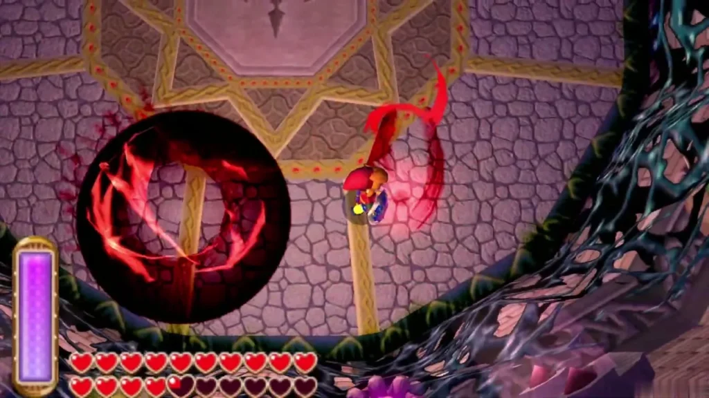 Link dodging a dark energy ball beside a stone wall in the arena Link dodging a dark energy ball beside a stone wall in the arena