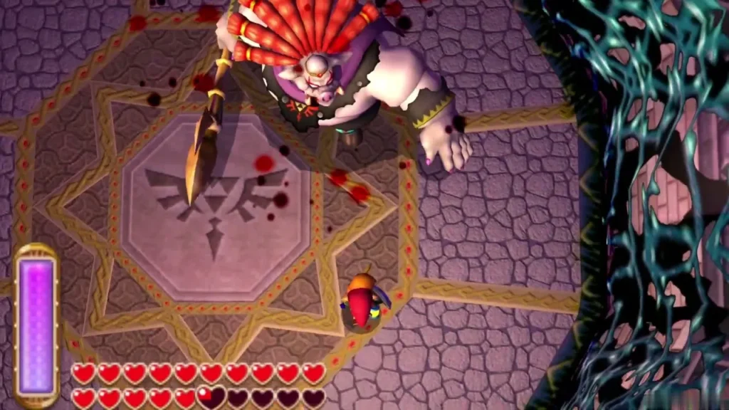Link running in behind Yuga's back while he swings his trident Link running in behind Yuga's back while he swings his trident