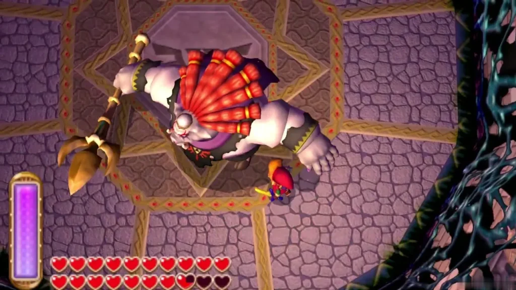 Yuga hovering over the Triforce crest in the octagonal room with Link at the side Yuga hovering over the Triforce crest in the octagonal room with Link at the side