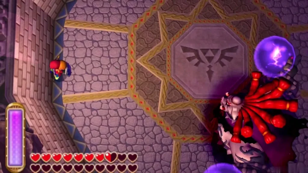 Link circling Yuga's second form on the octagon floor while its purple orb hovers nearby Link circling Yuga's second form on the octagon floor while its purple orb hovers nearby