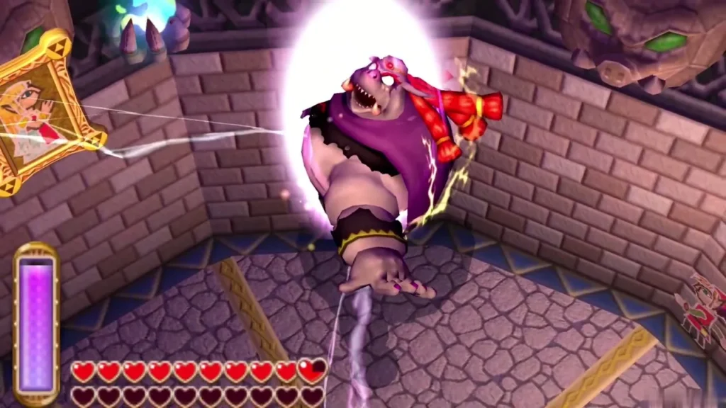 Yuga in his second phase, flailing inside a white glow beside a golden portrait in the castle room Yuga in his second phase, flailing inside a white glow beside a golden portrait in the castle room