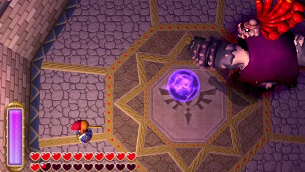 Yuga hurling a purple energy ball at Link across the arena Yuga hurling a purple energy ball at Link across the arena
