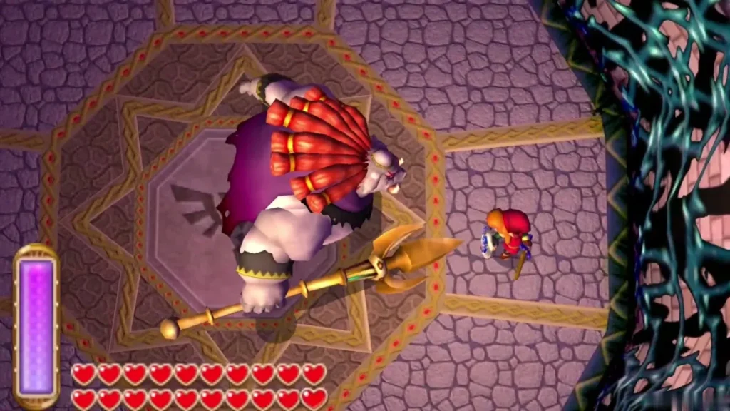 Yuga's trident sweeping low across the octagonal floor as Link keeps his distance Yuga's trident sweeping low across the octagonal floor as Link keeps his distance