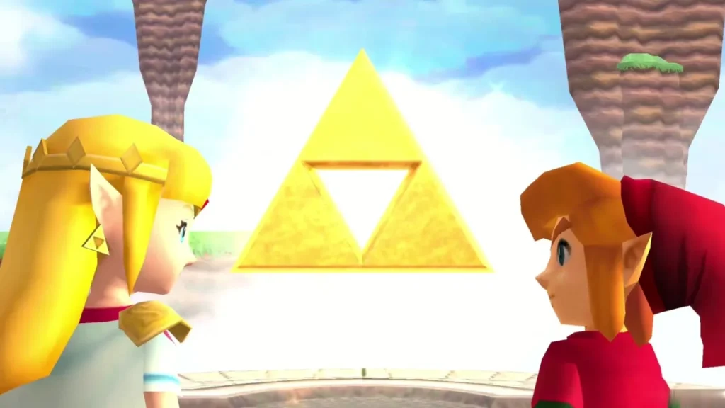 Zelda and Link standing before the glowing golden Triforce emblem Zelda and Link standing before the glowing golden Triforce emblem