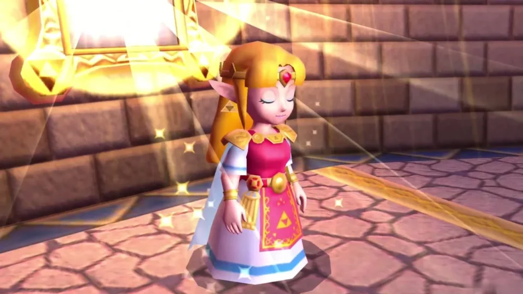 Zelda stepping out of the golden Triforce light with her eyes closed Zelda stepping out of the golden Triforce light with her eyes closed