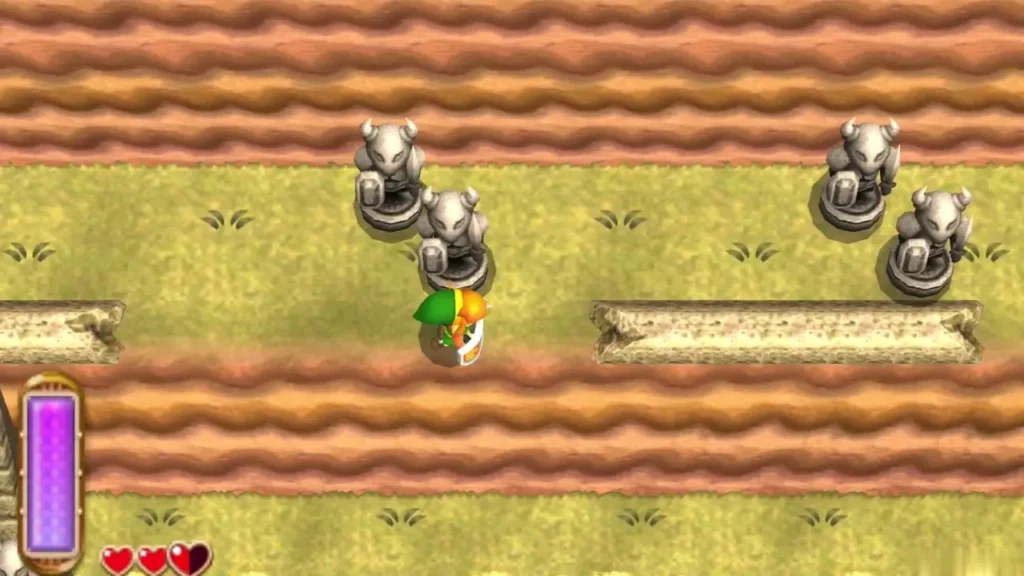 Link approaching a row of dormant Armos statues beside the path Link approaching a row of dormant Armos statues beside the path
