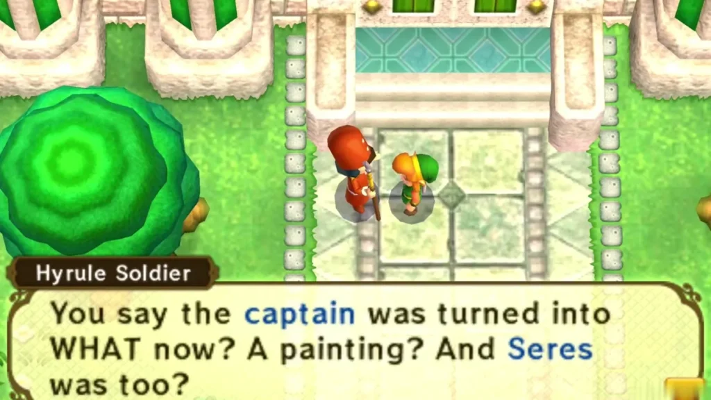 Hyrule soldier at the castle gate questioning Link about the paintings Hyrule soldier at the castle gate questioning Link about the paintings