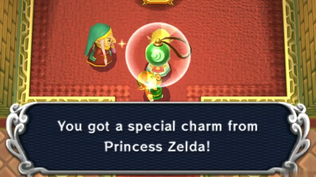Link receives the charm from Zelda, with the message box that says he got a special charm Link receives the charm from Zelda, with the message box that says he got a special charm