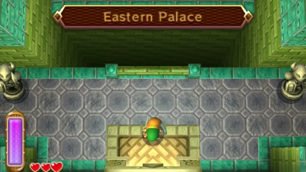 Eastern Palace title card above the palace entrance as Link steps inside Eastern Palace title card above the palace entrance as Link steps inside