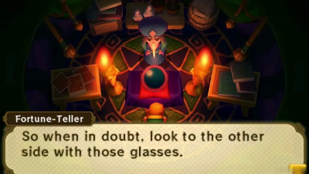 Fortune-Teller advising Link to look to the other side with the Hint Glasses Fortune-Teller advising Link to look to the other side with the Hint Glasses