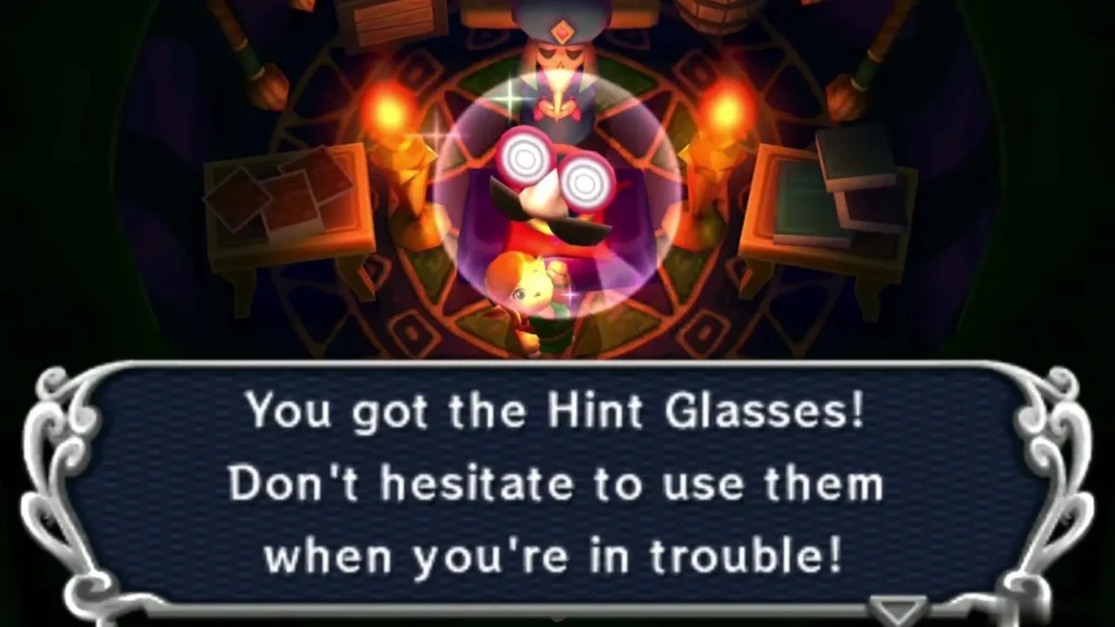 Link holds up the Hint Glasses in the Fortune-Teller's tent with the reward message Link holds up the Hint Glasses in the Fortune-Teller's tent with the reward message