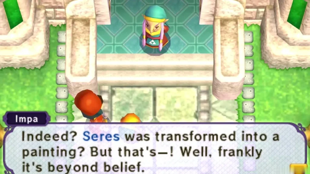 Impa speaking to Link in the castle courtyard after he reports the paintings Impa speaking to Link in the castle courtyard after he reports the paintings