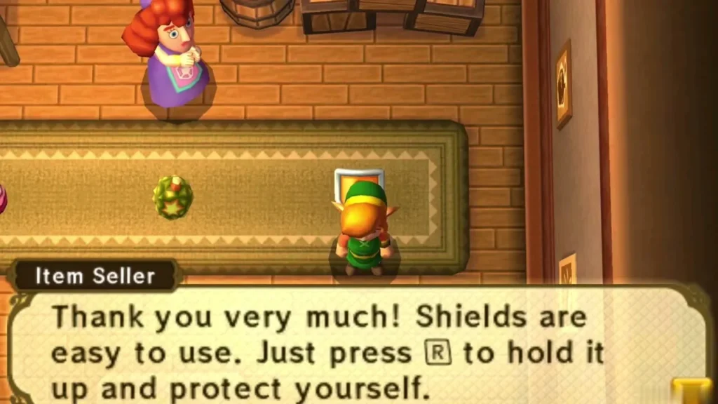 Item Seller explains that Link presses R to hold the Shield up and protect himself Item Seller explains that Link presses R to hold the Shield up and protect himself