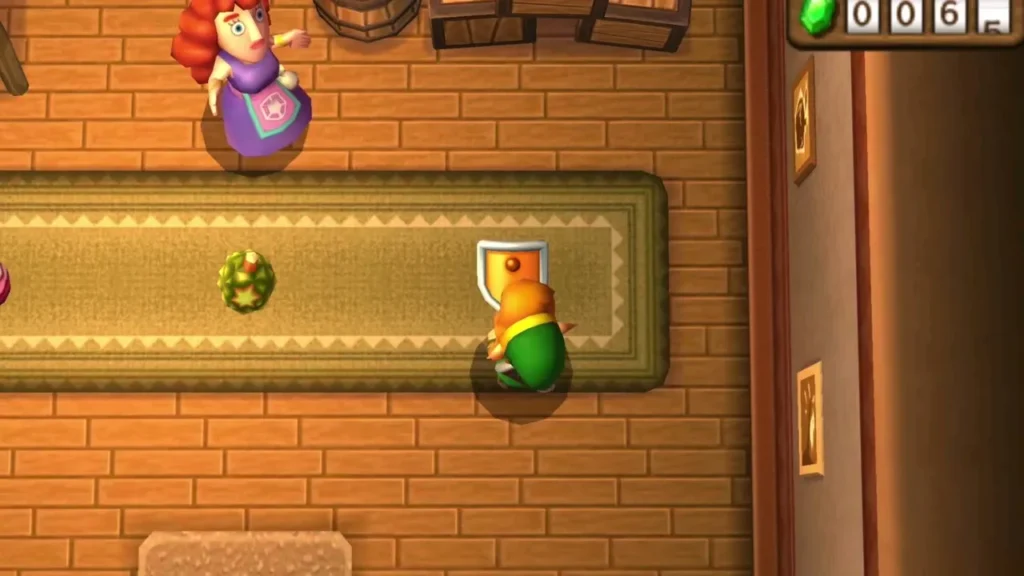 Link standing by the counter in the Kakariko item shop as the Item Seller watches Link standing by the counter in the Kakariko item shop as the Item Seller watches