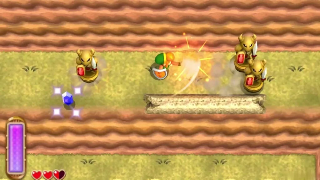 Link slashing with his sword at awakened statues on the path Link slashing with his sword at awakened statues on the path