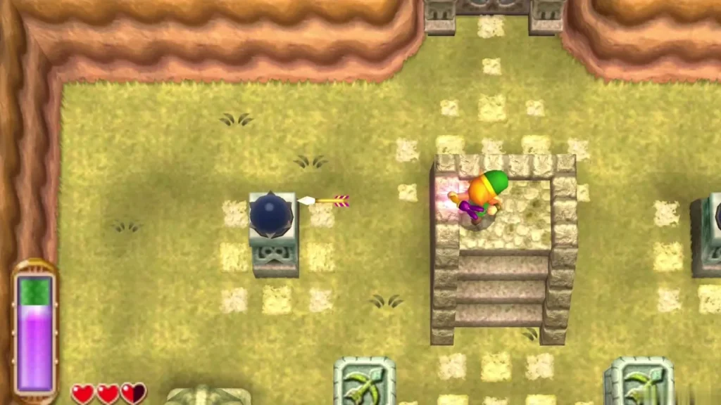 Link on the stone pedestal fires the Bow toward a switch orb, the arrow flying across the grass Link on the stone pedestal fires the Bow toward a switch orb, the arrow flying across the grass
