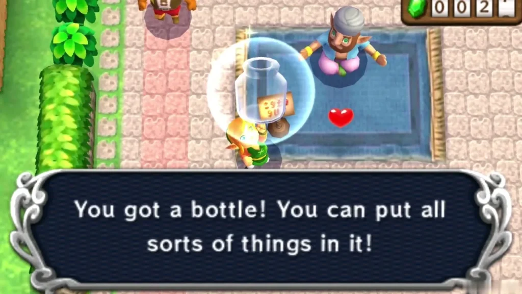 Link holds up the new Bottle as the message box says he can put all sorts of things in it Link holds up the new Bottle as the message box says he can put all sorts of things in it