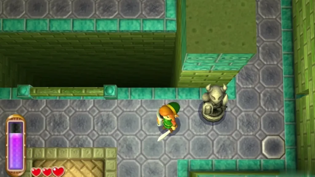 Link with his sword drawn inside the Eastern Palace beside a statue Link with his sword drawn inside the Eastern Palace beside a statue