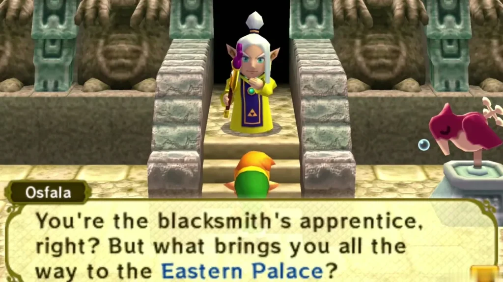 Osfala asks Link whether he is the blacksmith's apprentice and why he came to the Eastern Palace Osfala asks Link whether he is the blacksmith's apprentice and why he came to the Eastern Palace