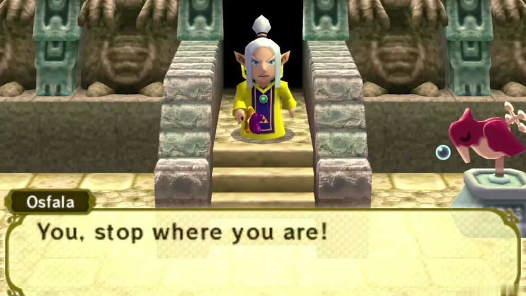 Osfala in a yellow robe at the top of the palace stairs, ordering Link to stop Osfala in a yellow robe at the top of the palace stairs, ordering Link to stop