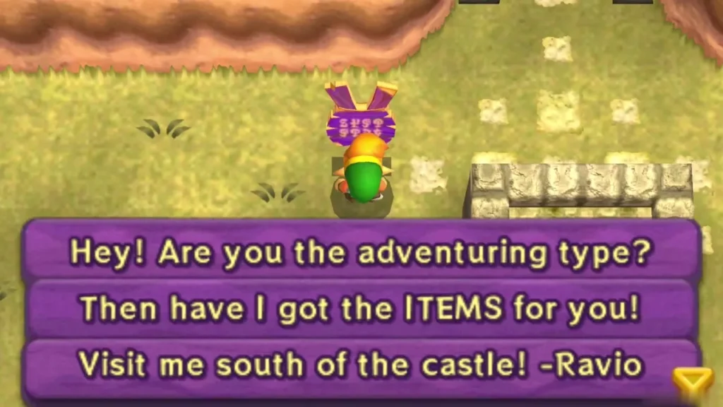 Purple sign from Ravio reading "Visit me south of the castle!" beside the road Purple sign from Ravio reading "Visit me south of the castle!" beside the road