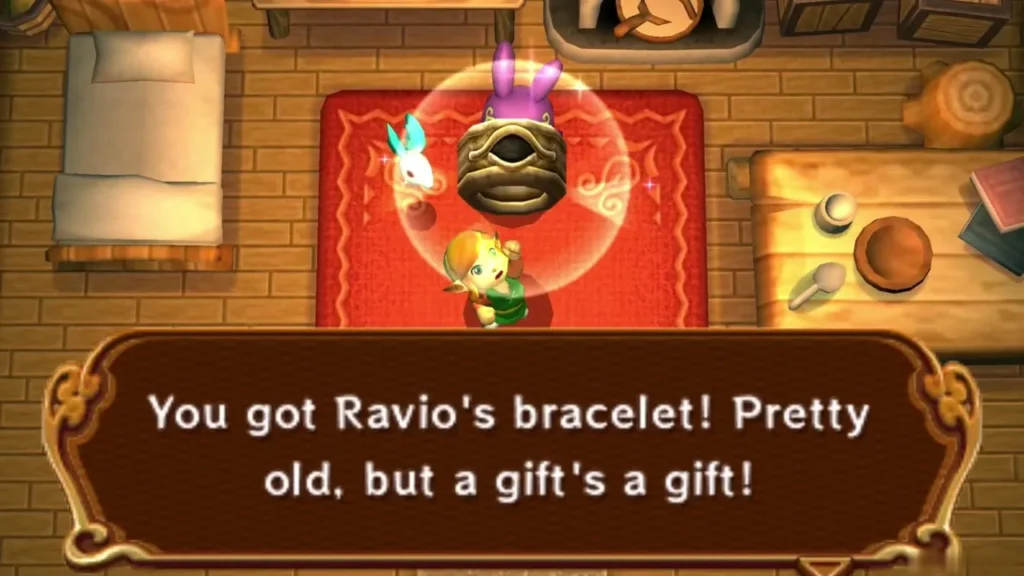 Link holding up Ravio's Bracelet with the item name box on screen Link holding up Ravio's Bracelet with the item name box on screen