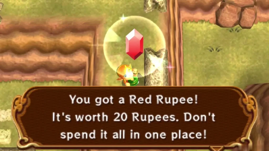Link holding up a Red Rupee with the box reading worth 20 Rupees Link holding up a Red Rupee with the box reading worth 20 Rupees