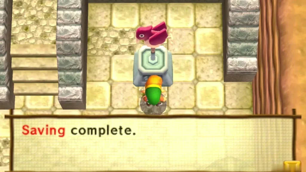 Saving complete message after Link saves at the weather vane beside the palace stairs Saving complete message after Link saves at the weather vane beside the palace stairs