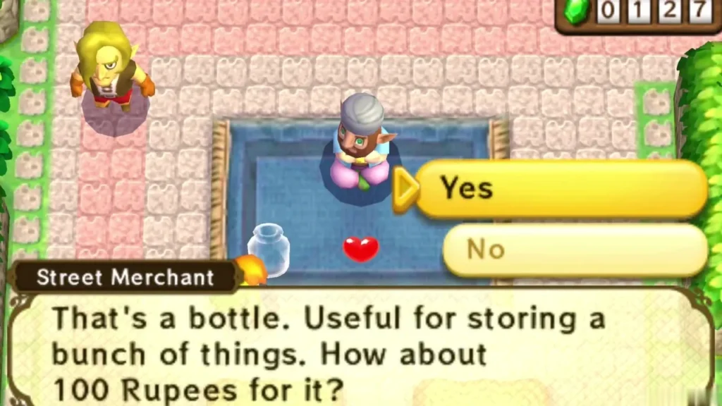 Street Merchant offers Link an empty Bottle for 100 Rupees, with Yes and No choices Street Merchant offers Link an empty Bottle for 100 Rupees, with Yes and No choices