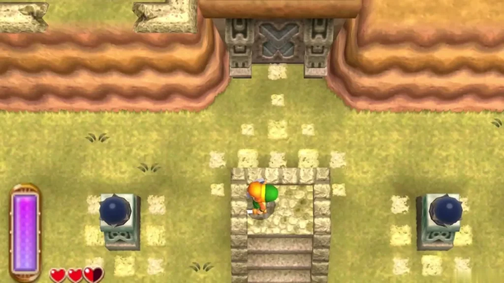 Link stands on the carved stone steps between two dark switch orbs, one on each side Link stands on the carved stone steps between two dark switch orbs, one on each side