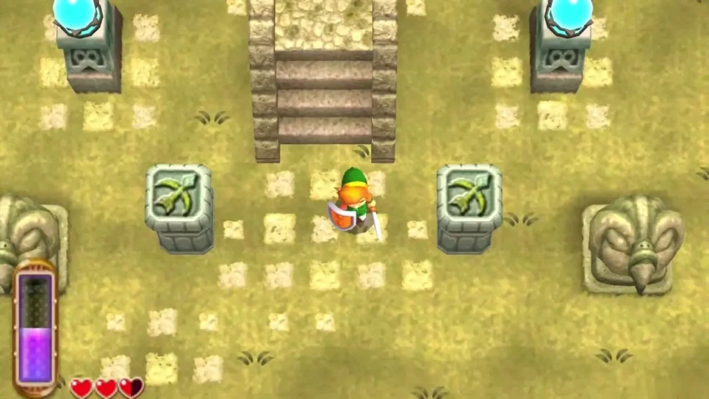 Link standing between the two arrow-marked switch stones on the road east Link standing between the two arrow-marked switch stones on the road east