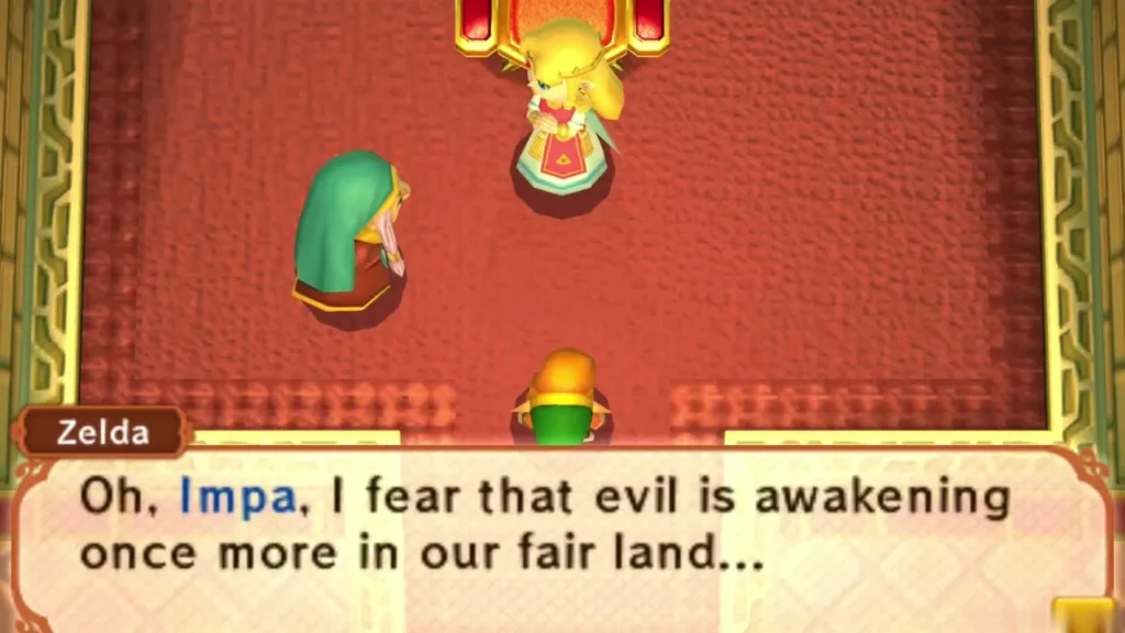 Zelda in the throne room says she fears evil is awakening once more in the land Zelda in the throne room says she fears evil is awakening once more in the land