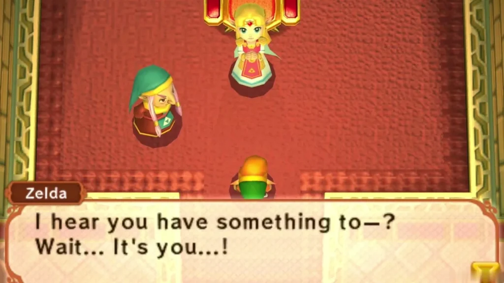 Zelda greets Link in the throne room, surprised to see him on the red carpet Zelda greets Link in the throne room, surprised to see him on the red carpet
