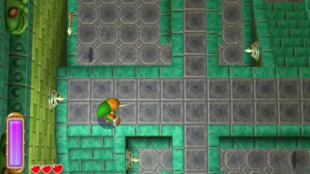 Link in the arrow room, with arrow-firing wall traps set into the walls on both sides Link in the arrow room, with arrow-firing wall traps set into the walls on both sides