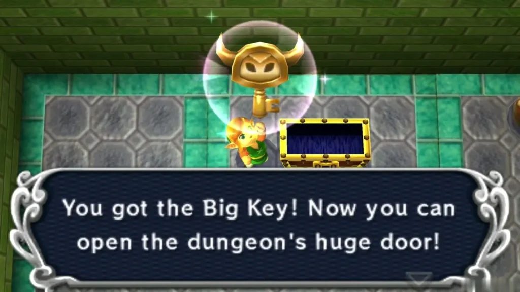 Link holding up the Big Key, with the message that it opens the dungeon's huge door Link holding up the Big Key, with the message that it opens the dungeon's huge door