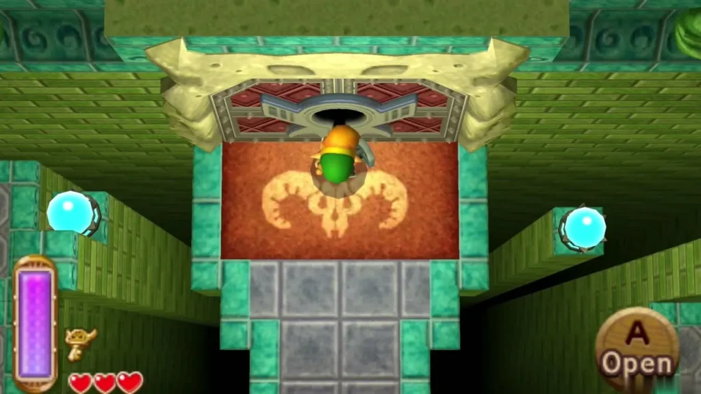 Link standing at the boss door on its red carpet, with the Open prompt showing Link standing at the boss door on its red carpet, with the Open prompt showing