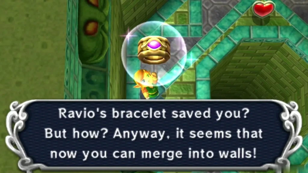 Message box saying Ravio's bracelet saved Link and that he can now merge into walls Message box saying Ravio's bracelet saved Link and that he can now merge into walls