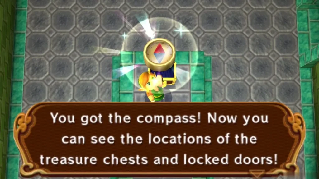 Link holds up the Compass with the message that it shows chests and locked doors Link holds up the Compass with the message that it shows chests and locked doors