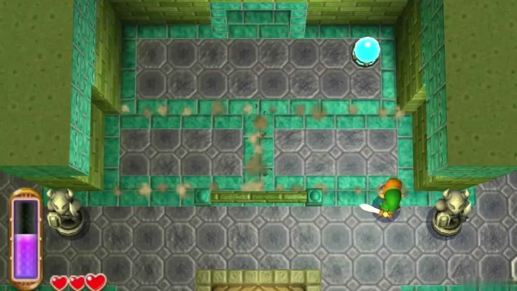 Link in a stone room with a narrow green bridge and a glowing blue crystal in the far corner Link in a stone room with a narrow green bridge and a glowing blue crystal in the far corner