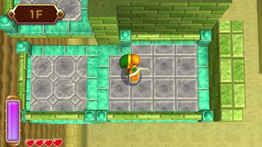 Link standing on a stone platform with the 1F floor label at top left Link standing on a stone platform with the 1F floor label at top left