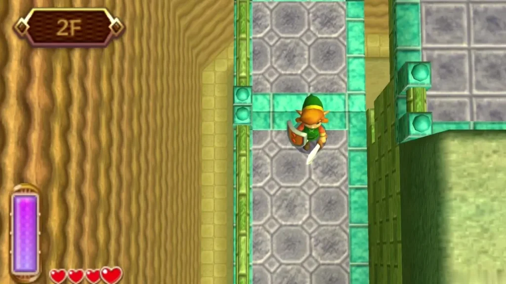 Link walking on a stone path in the palace with the 2F floor label at top left Link walking on a stone path in the palace with the 2F floor label at top left