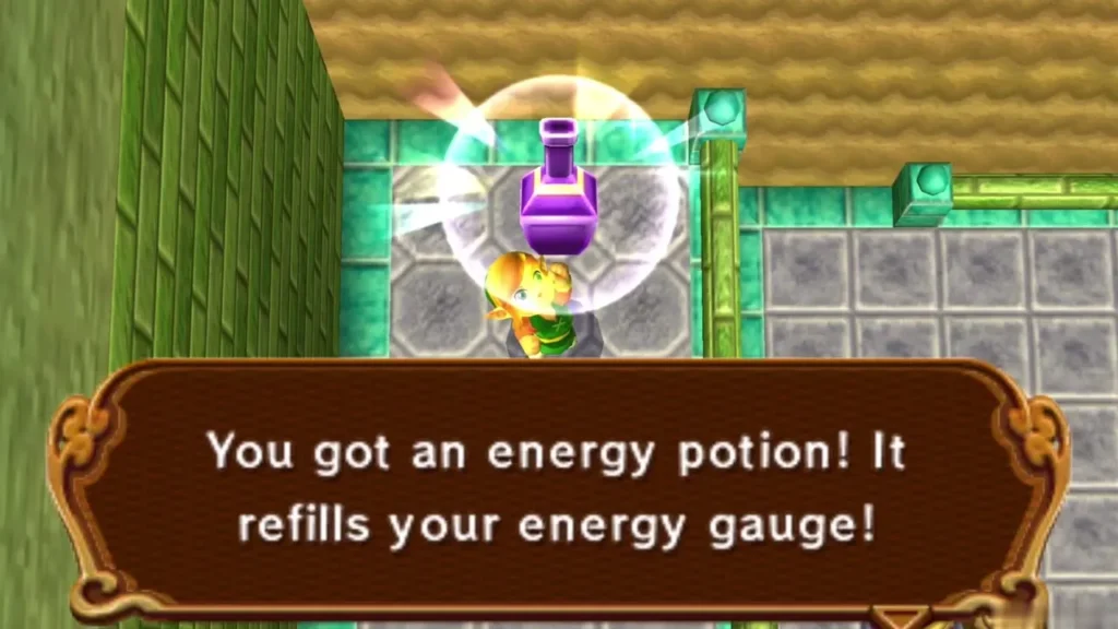 Link holding up an Energy Potion with the message that it refills the energy gauge Link holding up an Energy Potion with the message that it refills the energy gauge